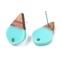 Dark Turquoise Opaque Resin & Walnut Wood Stud Earring Findings, with 304 Stainless Steel Pin and Hole, Two Tone, Teardrop, Dark Turquoise, 17.5x11mm, Hole: 1.8mm, Pin: 0.7mm