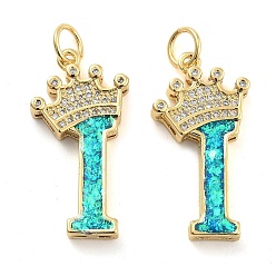 Letter I Латунные микропаве прозрачные подвески с фианитом, с синтетическим опалом, реальный 18 k позолоченный, с целью перехода в кольце, Буква "i", 26.5~33x14~23.5x3.5~4.5 мм, отверстие : 4.5 мм