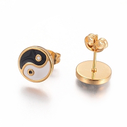 Золотой Фэн-шуй 304 серьги-гвоздики из нержавеющей стали, с эмалью и ушными орехами, инь-ян, золотые, 9.5x1.5 мм, штифты : 0.6 мм, 6 пар / карты