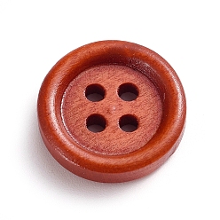 FireBrick Natural Wooden Buttons, Dyed, 4 Hole, Flat Round, FireBrick, 15x3.8mm, Hole: 1.6mm