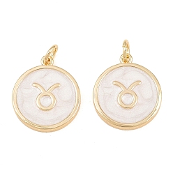Taurus Brass Enamel Pendants, Flat Round & Constellation Charms, Rack Plating, Long-Lasting Plated, Cadmium Free & Lead Free, Golden, Taurus Charms, 17.5x15x2mm, Hole: 3mm