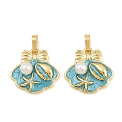 Turquoise Brass Enamel Pendants, with ABS Plastic Imitation Pearl, Shell Shape with Starfish Charms, Real 18K Gold Plated, Turquoise, 18.5x19x6mm, Hole: 5x4mm