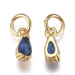 Blue Brass Micro Pave Cubic Zirconia Charms, with Jump Ring, Long-Lasting Plated, Real 18K Gold Plated, Faceted, Teardrop, Blue, 8x3x3mm, Hole: 3mm
