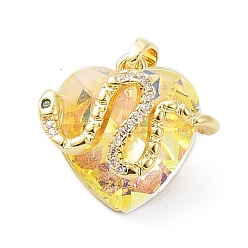 Gold Real 18K Gold Plated Rack Plating Brass Micro Pave Cubic Zirconia Pendants, with Glass, Long-Lasting Plated, Cadmium Free & Lead Free, Snake with Heart, Gold, 21x22.5~23x12.5~13.5mm, Hole: 3.5x5mm