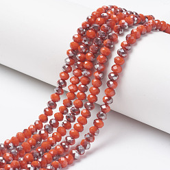 Tomato Electroplate Opaque Glass Beads Strands, Half Gray Plated, Faceted, Rondelle, Tomato, 4x3mm, Hole: 0.4mm, about 123~127pcs/strand, 16.5~16.9 inch(42~43cm)