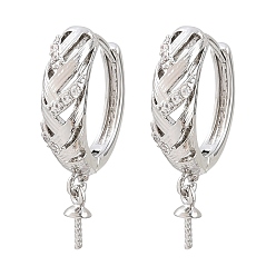 Platinum Brass Micro Pave Clear Cubic Zirconia Huggie Hoop Earring Findings, for Half Drilled Beads, Rack Plating, Long-lasting Plated, Platinum, 22x15.5x5mm, Pin: 0.8mm