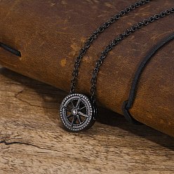 Black Stainless Steel Rolo Chain Necklace, Flat Round with 8 Pointed Star Pendant Necklace for Men, Black, 21-5/8~23-5/8 inch(55~60cm)