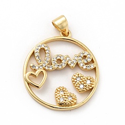 Real 18K Gold Plated Rack Plating Brass Micro Pave Clear Cubic Zirconia Pendants, Long-Lasting Plated, Lead Free & Cadmium Free, Round Ring with Heart and Word Love, Real 18K Gold Plated, 24x22x3mm, Hole: 3.5x4mm