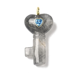 Облако Кварц Облачные подвесные кварцевые подвески, Подвески в виде сердечек с ключиками, украшенные латунными фианитами., золотые, 46.5~48x22~23.5x11.5~13.5 мм, отверстие : 4 мм