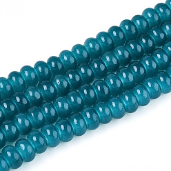 чирок Имитация нефритовые четки стекла, прозрачные бусины-рондели, окрашенные в технике выпечки, зелено-синие, 6~6.5x3.5~4 мм, отверстие : 1.2 мм, около 185~193 шт / нитка, 29.92~31.10 дюйм (76~79 см)