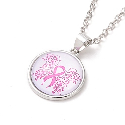 Flower Glass Flat Round Pendant Necklace with Brass Chain, Breast Cancer Awareness Ribbon Jewelry for Women, Flower Pattern, 18.70 inch(47.5cm)