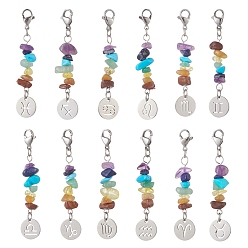 Mixed Color Chakra Theme Natural Gemstone Chips Decorations, 12 Constellation Pendant Decorations, with 304 Stainless Steel Lobster Claw Clasps, Mixed Color, 60mm