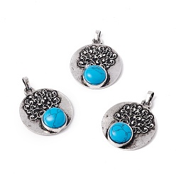 Synthetic Turquoise Synthetic Turquoise Alloy Pendants, Lead Free & Cadmium Free, Antique Silver, Flat Round with Tree, 28.5x24.5x6.5mm, Hole: 4x3.5mm