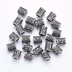 Plata Antigua 304 bolas de acero inoxidable, cuentas de runas vikingas para barbas de cabello, trenzas de pelo de rastas, columna con runa / futhark / futhorc, plata antigua, 16x13 mm, agujero: 8 mm