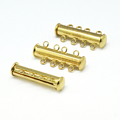 Golden 4-Strands 8-Holes Tube Brass Magnetic Slide Lock Clasps, Nickel Free, Golden, 25x10x6mm, Hole: 2mm
