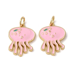 Настоящее золото 18K Латунные подвески в виде медуз с розовой эмалью, без свинца и без кадмия, долговечный, стойки покрытие, реальный 18 k позолоченный, 16x13x2 мм, отверстие : 3 мм