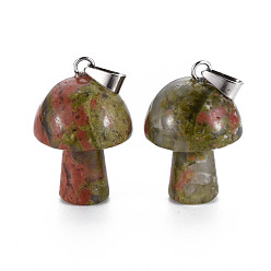 Unakite Natural Unakite Pendants, with Stainless Steel Snap On Bails, Mushroom Shaped, 24~25x16mm, Hole: 5x3mm