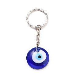 Royal Blue Evil Eye Lampwork Keychain, with Platinum Plated Iron Split Key Rings, Royal Blue, 78mm