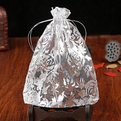 Silver Organza Drawstring Jewelry Pouches, Wedding Party Gift Bags, Rectangle with Gold Stamping Flower Pattern, Silver, 9x7cm