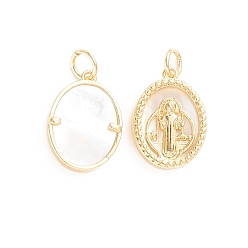 Golden Religion Brass Pendants, with Natural Shell and Jump Ring, Oval with Saint Benedict Medal
, Golden, 16.5x12x3mm, Hole: 3mm