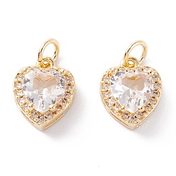 Clear Brass Micro Pave Cubic Zirconia Charms, with Jump Ring, Long-Lasting Plated, Heart, Real 18K Gold Plated, Clear, 12.5x10x6.5mm, Hole: 3.6mm