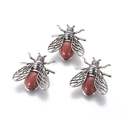 Red Jasper Natural Red Jasper Brooches, with Brass Findings, Cicada, Antique Silver, 38x36x8mm, Pin: 0.6mm
