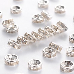 Silver Iron Rhinestone Spacer Beads, Grade B, Rondelle, Straight Edge, Clear, Silver Color Plated, 6x3mm, Hole: 1.5mm
