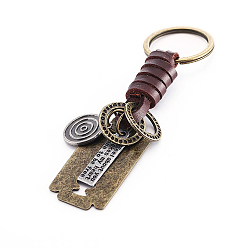 Rectangle Punk Style Woven Cow Leather Alloy Pendant Keychain, for Car Key Pendant, Rectangle Pattern, 11.5cm