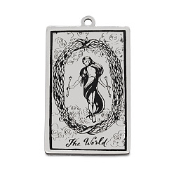 Stainless Steel Color Stainless Steel Pendants, Rectangle with Tarot Pattern, Stainless Steel Color, The World XXI, 40x24mm