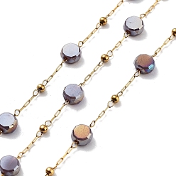 Purple 304 Stainless Steel Handmade Beaded Chain, with Electroplated Glass, with Spool, Soldered, Real 18K Gold Plated, Flat Round, Purple, 5.5x5.5x3.5mm, about 16.40 Feet(5m)/Roll
