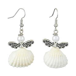 Antique Silver Alloy Fairy Wings Dangle Earrings, Natural Shell Drop Earrings, Antique Silver, 48x22mm