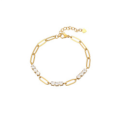 Golden Crystal Rhinestone Diamond Link Bracelet with Stainless Steel Paperclip Chains, Golden, 7-1/8 inch(18cm)