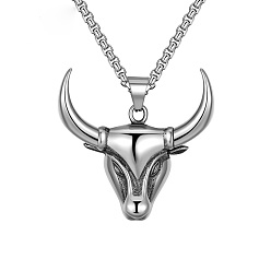 Antique Silver Vintage 304 Stainless Steel Pendant Necklaces, Cattle Head, Antique Silver, 23.62 inch(60cm)
