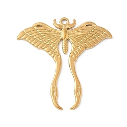 Chapado en Oro Real 18K 304 colgantes de polilla de acero inoxidable, amuletos de insectos, revestimiento de iones (ip), real 18 k chapado en oro, 39.5x39.5x2 mm, agujero: 2 mm