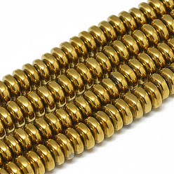 Golden Plated Electroplate Non-magnetic Synthetic Hematite Beads Strands, Heishi Beads, Disc/Flat Round, Golden Plated, 6x2.5mm, Hole: 2mm, about 150pcs/strand, 15.7 inch