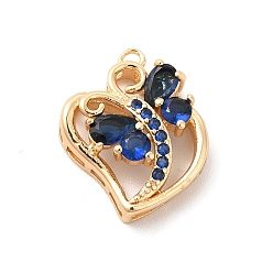 Capri Blue Brass with K9 Glass Pendants, Golden Peach Hearts with Butterfly Charms, Capri Blue, 18x14.8x5mm, Hole: 1.4mm