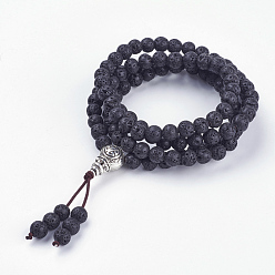 Lava Rock Dual-use Items, Four Loops Natural Lava Rock Wrap Bracelets/Beaded Necklaces, with Alloy Findings and Burlap Packing, Antique Silver, 28.3 inch(72cm)