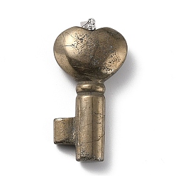Pyrite Natural Pyrite Pendants, with Platinum Brass Jump Ring, Key with Heart, 43x22x10.4mm, Hole: 3.8x5mm