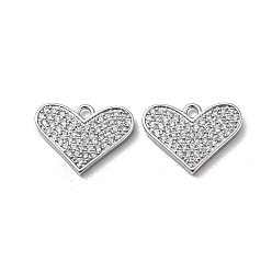 Real Platinum Plated Brass Micro Pave Cubic Zirconia Pendants, Heart, Real Platinum Plated, 10.5x14x2mm, Hole: 1.4mm