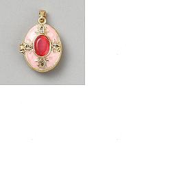 Pink 1Pc Brass Enamel Locket Pendants, with Rhinestone and Resin, Oval Charms, Golden, Pink, 22x17x8mm, Hole: 5x3mm