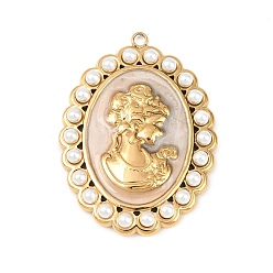 Белый 304 Подвески из нержавеющей стали с эмалью и имитацией жемчуга из АБС-пластика, овал с женскими прелестями, ионное покрытие (ip), реальный 18 k позолоченный, белые, 35x26x4 мм, отверстие : 1.8 мм