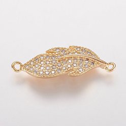 Golden Brass Micro Pave Cubic Zirconia Links, Leaf, Golden, 11x29.5x2.5mm, Hole: 1mm