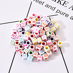 Mixed Color White Opaque Acrylic Beads, Cube with Mixed Color Letters, 5.5~6x5.5~6x5.5~6mm, Hole: 3.5mm, about 100pcs/bag