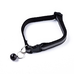 Black Adjustable Polyester Reflective Dog/Cat Collar, Pet Supplies, with Iron Bell and Polypropylene(PP) Buckle, Black, 21.5~35x1cm, Fit For 19~32cm Neck Circumference