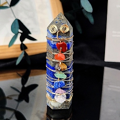 Lapis Lazuli Wire Wrapped Tower Natural Lapis Lazuli Healing Stone Wands, with Natural Gemstone Chip, for Reiki Chakra Meditation Therapy Decos, Hexagon Prism, 65~70mm