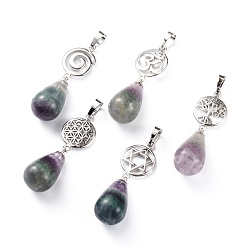 Fluorite Yoga Chakra Jewelry, Natural Fluorite Pendants, with Platinum Plated Brass Findings, Teardrop & Votex/Om Symbol/Tree of Life/Flower of Life/Star of David, 42~45mm, Hole: 8x5mm