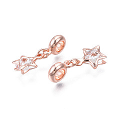 Rose Gold Rack Plating Alloy European Dangle Charms, with Resin Crystal Rhinestone, Large Hole Beads, Cadmium Free & Lead Free, Star, Rose Gold, 27mm, Hole: 4.5mm, Star: 14x11x6.5mm