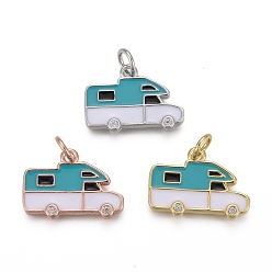 Mixed Color Brass Micro Pave Clear Cubic Zirconia Pendants, with Enamel and Jump Rings, Long-Lasting Plated, Camping Van/Caravan Shape, Mixed Color, 12x17x2.5mm, Hole: 3mm