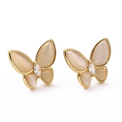 Antique White Cat Eye Butterfly Stud Earrings with Clear Cubic Zirconia, Real 18K Gold Plated Brass Jewelry for Women, Cadmium Free & Lead Free, Antique White, 15x17.5mm, Pin: 0.7mm