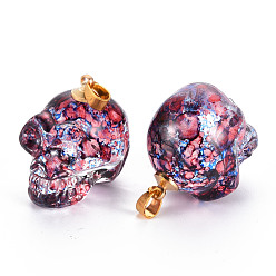 Light Coral Electroplate K9 Glass Pendants, with Golden Plated Brass Bails, Crackle, Skull, Halloween, Light Coral, 25x26~27x19mm, Hole: 5x3mm